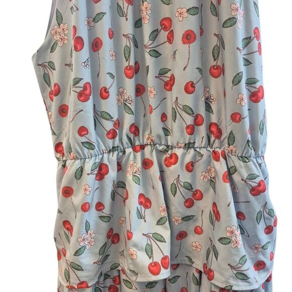 Belle Pogue Women's Baby Blue & Red Cherry Print Poly/Spandex Retro Lined Halter - Picture 3 of 13